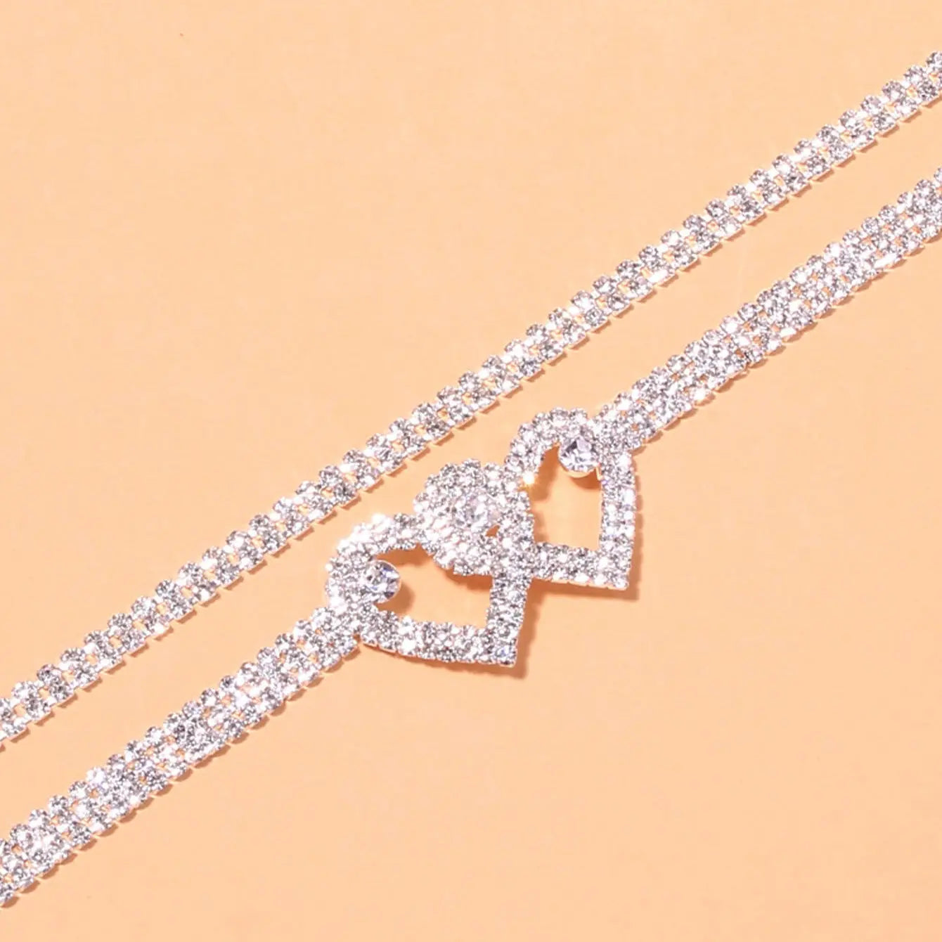 Qiao Jin Cross border Personalized Double Love Water Diamond Feet Chain, European and American Sexy Full Diamond Versatile Shining Beach Footwear Jewelry AQP-STORE