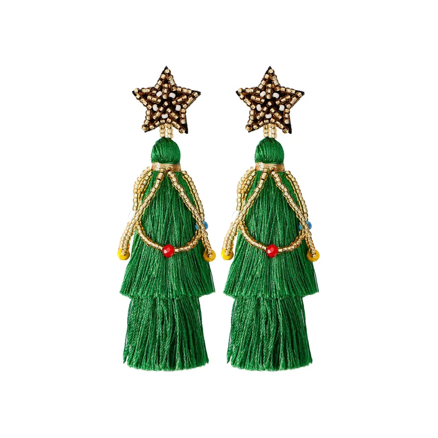 European and American ethnic tassel Christmas earrings, new long exaggerated lightweight rice beads, five-pointed star hand-woven earrings AQP-STORE