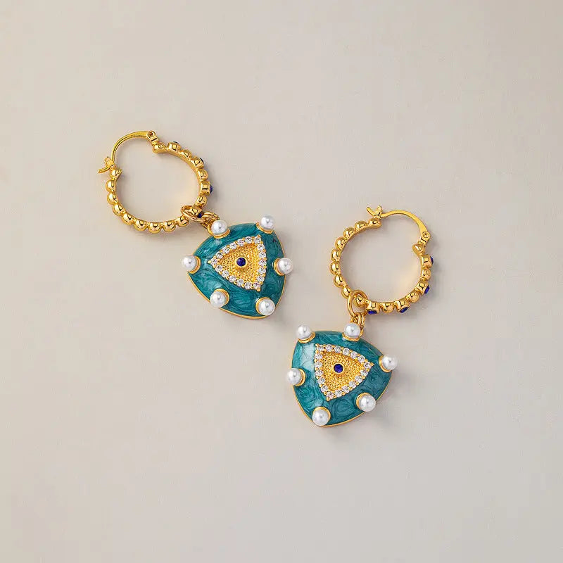 French retro love pendant earrings enamel glaze diamond pearl earrings for women light luxury retro earrings AQP-STORE