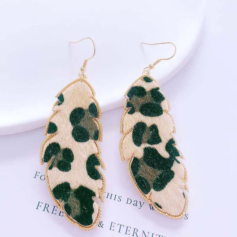 European and American foreign trade accessories PU leather leaf exaggerated earrings fashionable simple long snake leopard print earrings AQP-STORE