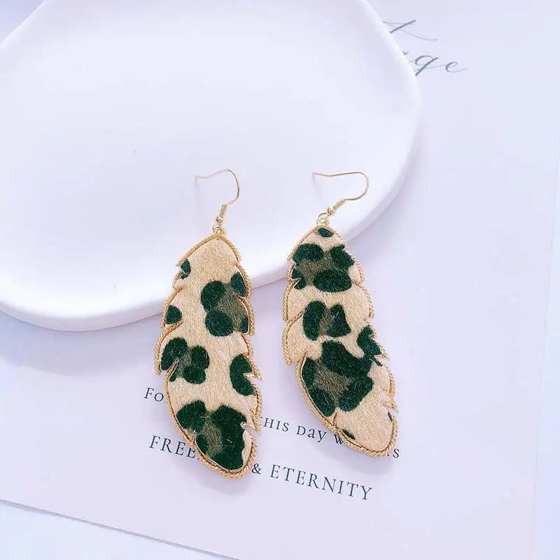European and American foreign trade accessories PU leather leaf exaggerated earrings fashionable simple long snake leopard print earrings AQP-STORE