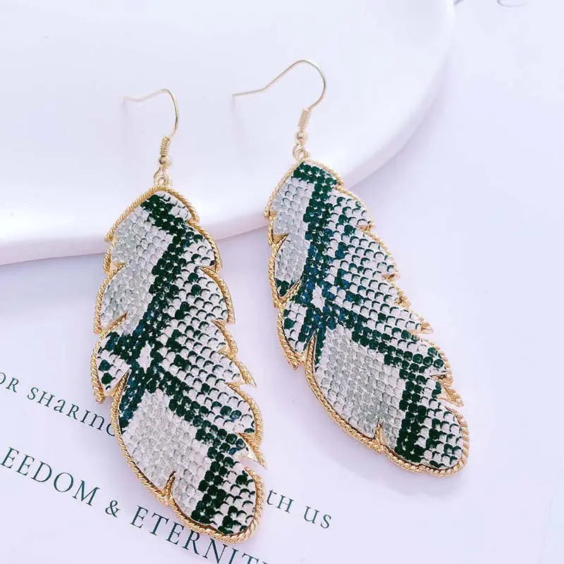 European and American foreign trade accessories PU leather leaf exaggerated earrings fashionable simple long snake leopard print earrings AQP-STORE