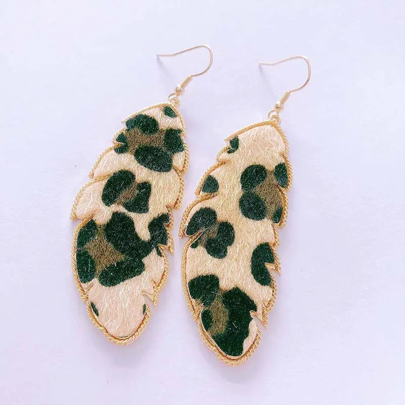 European and American foreign trade accessories PU leather leaf exaggerated earrings fashionable simple long snake leopard print earrings AQP-STORE