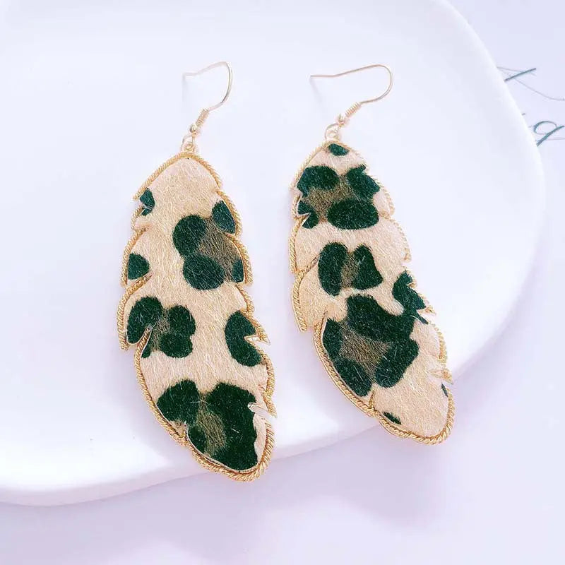 European and American foreign trade accessories PU leather leaf exaggerated earrings fashionable simple long snake leopard print earrings AQP-STORE