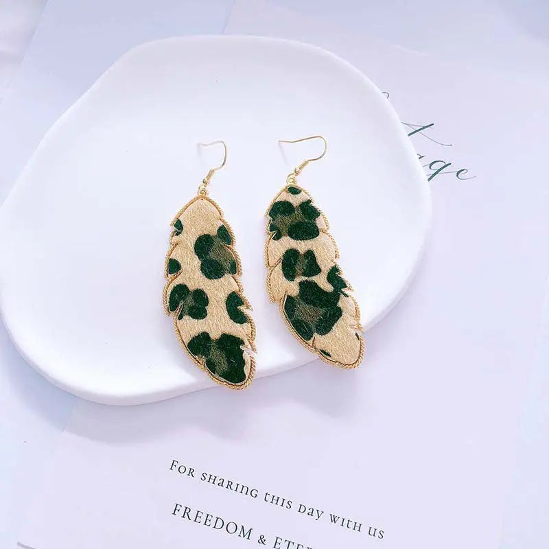 European and American foreign trade accessories PU leather leaf exaggerated earrings fashionable simple long snake leopard print earrings AQP-STORE