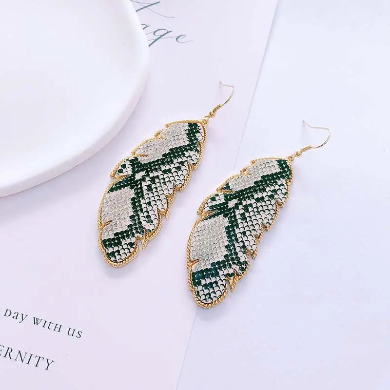 European and American foreign trade accessories PU leather leaf exaggerated earrings fashionable simple long snake leopard print earrings AQP-STORE