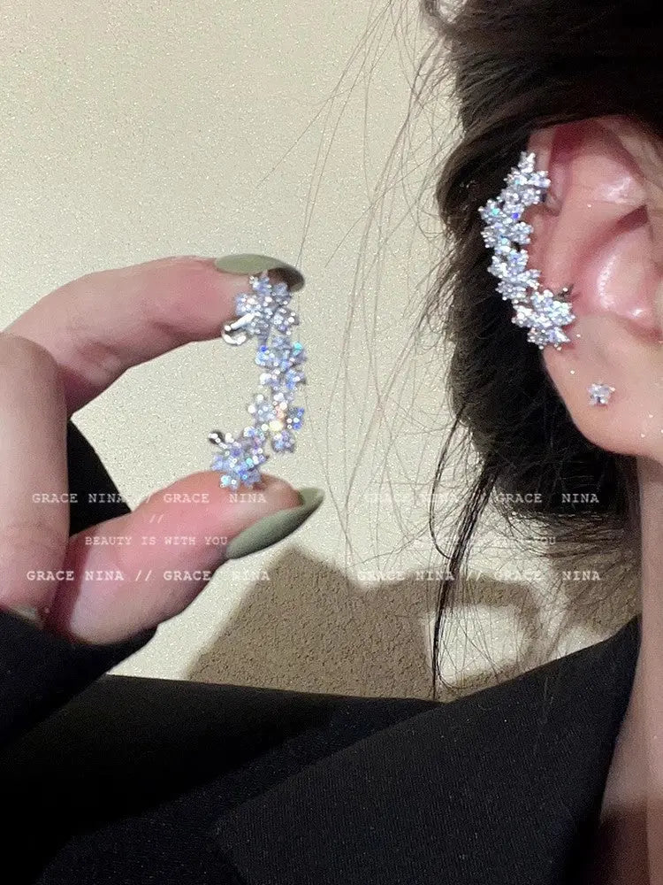High-end light luxury full diamond flower ear bone clip for women without pierced ears temperament ear clip earrings 2023 new trend AQP-STORE