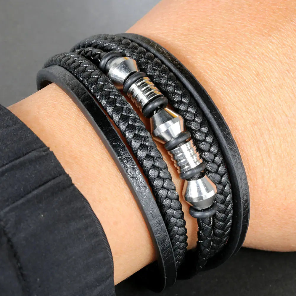 European and American stainless steel leather cord bracelet, men's multi-layer woven leather bracelet, magnet buckle bracelet AQP-STORE