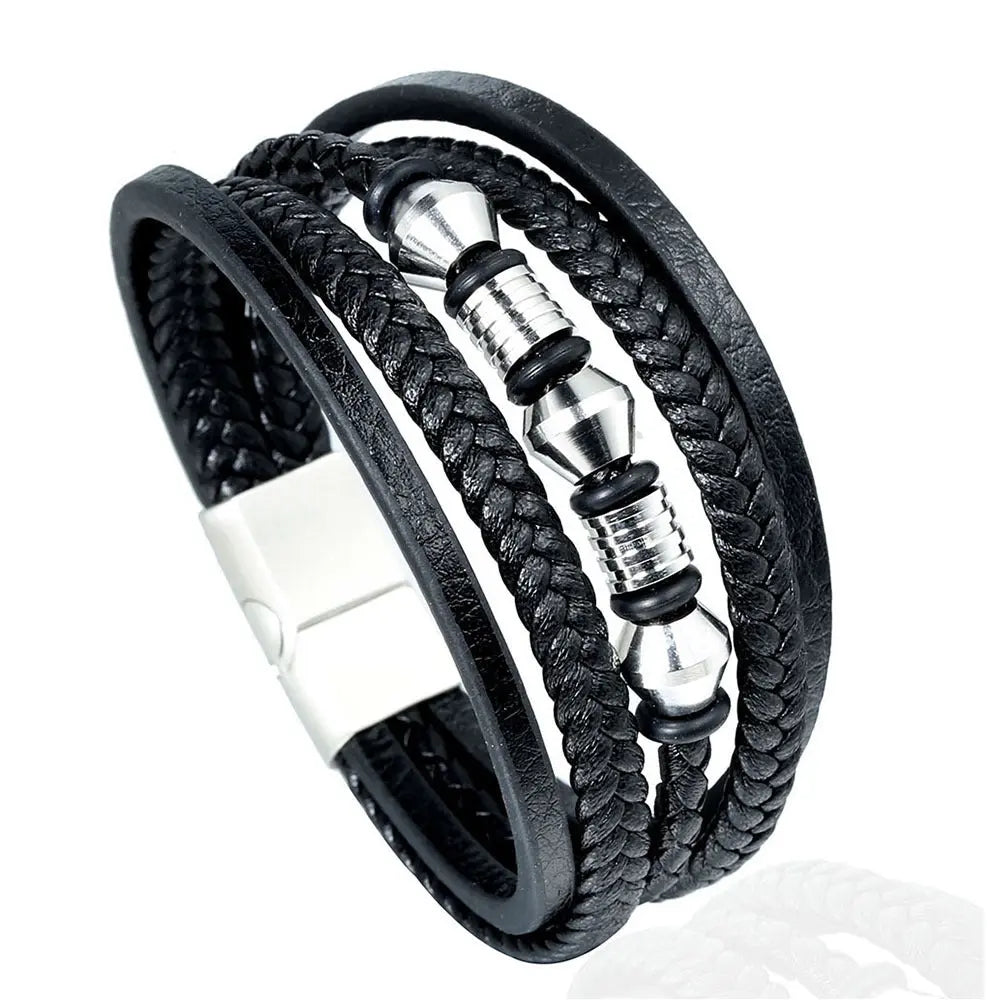European and American stainless steel leather cord bracelet, men's multi-layer woven leather bracelet, magnet buckle bracelet AQP-STORE