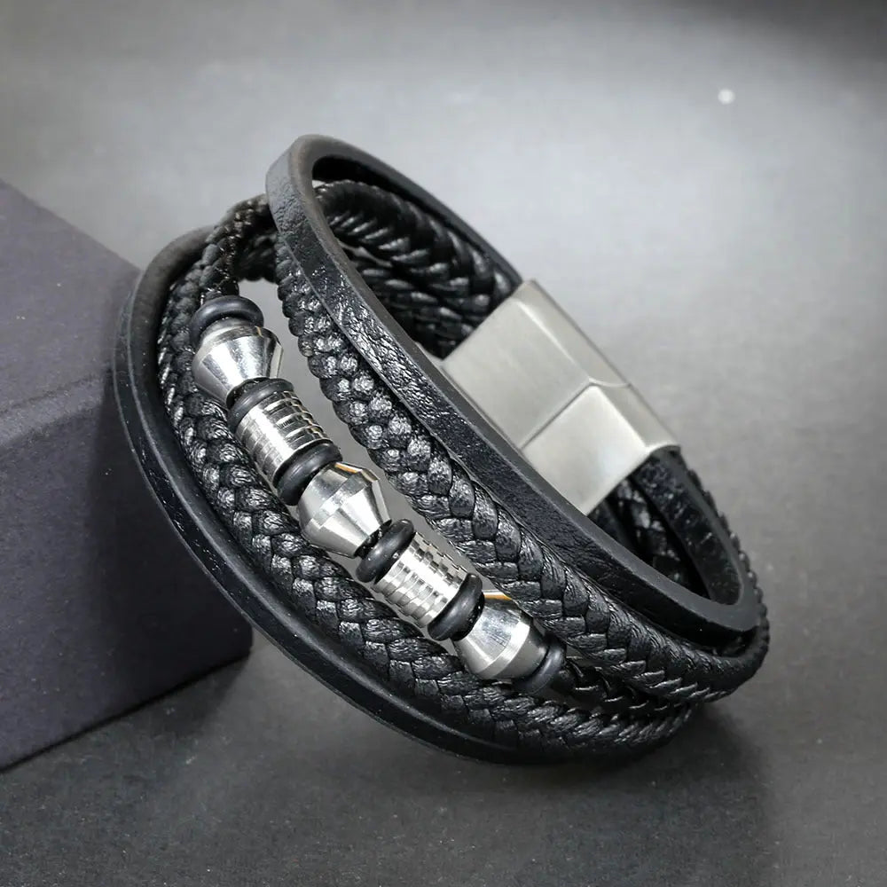 European and American stainless steel leather cord bracelet, men's multi-layer woven leather bracelet, magnet buckle bracelet AQP-STORE
