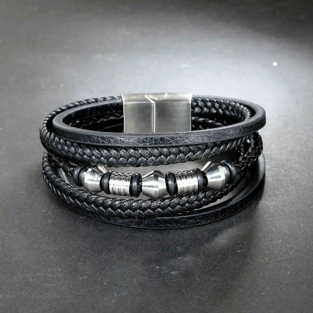 European and American stainless steel leather cord bracelet, men's multi-layer woven leather bracelet, magnet buckle bracelet AQP-STORE