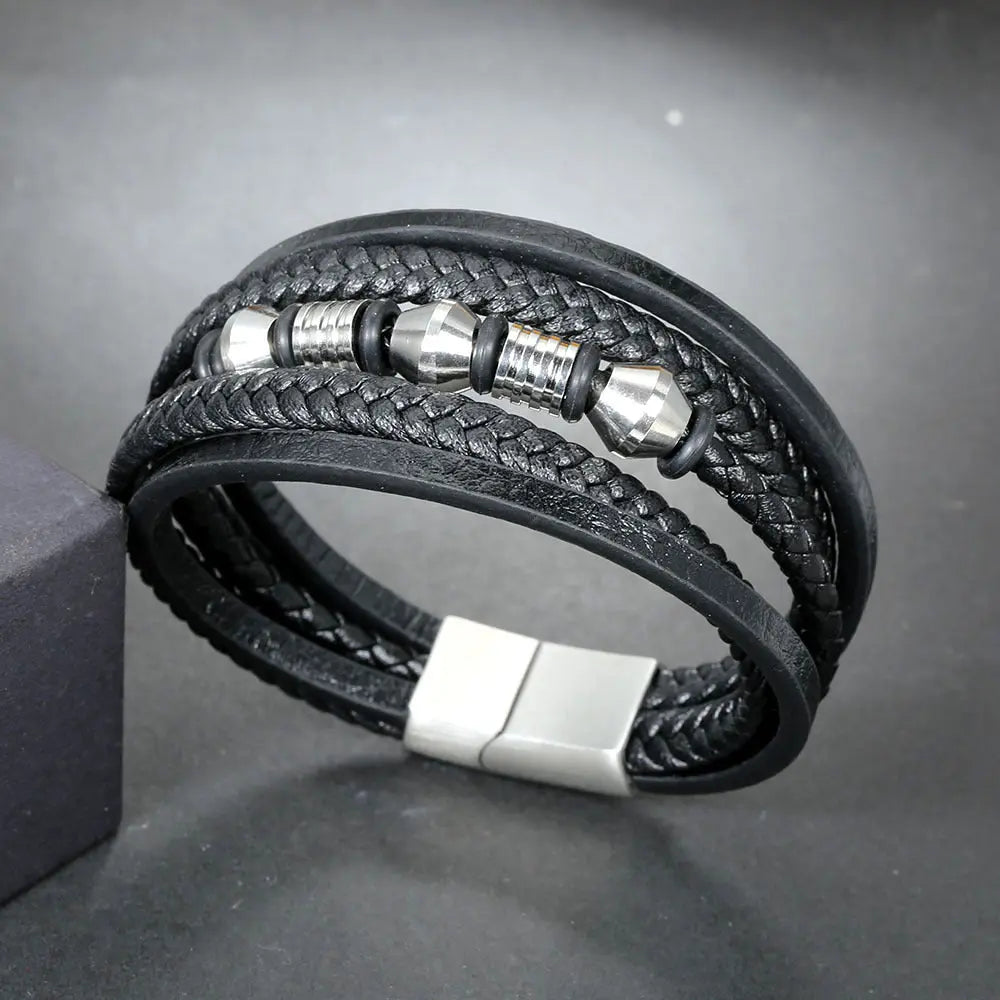 European and American stainless steel leather cord bracelet, men's multi-layer woven leather bracelet, magnet buckle bracelet AQP-STORE