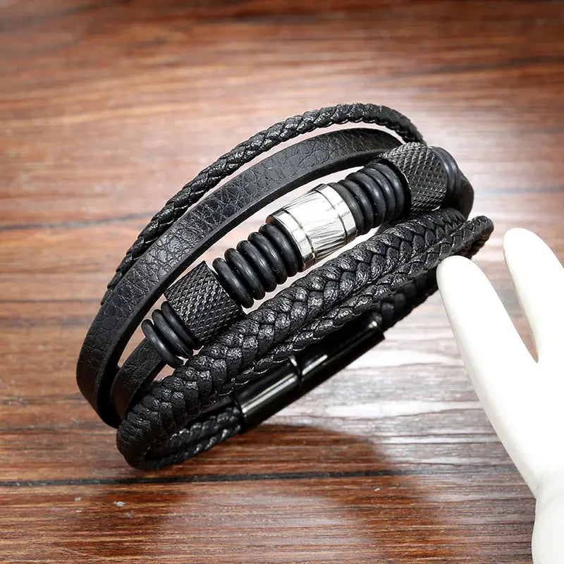 Cross-border jewelry, stainless steel bracelet, multi-layered black leather braided bracelet, European and American popular men's bracelet AQP-STORE