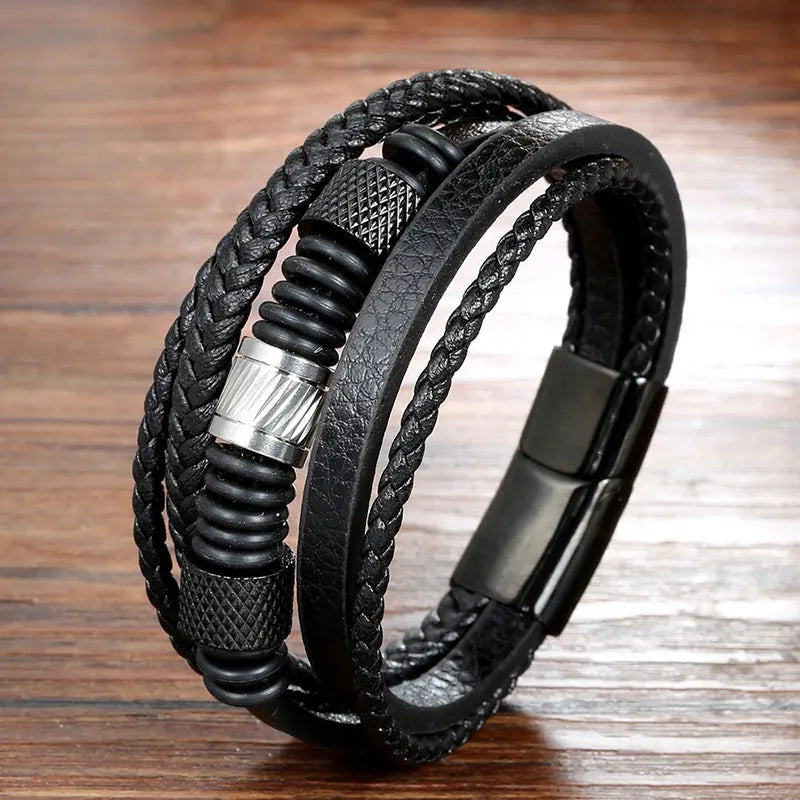 Cross-border jewelry, stainless steel bracelet, multi-layered black leather braided bracelet, European and American popular men's bracelet AQP-STORE