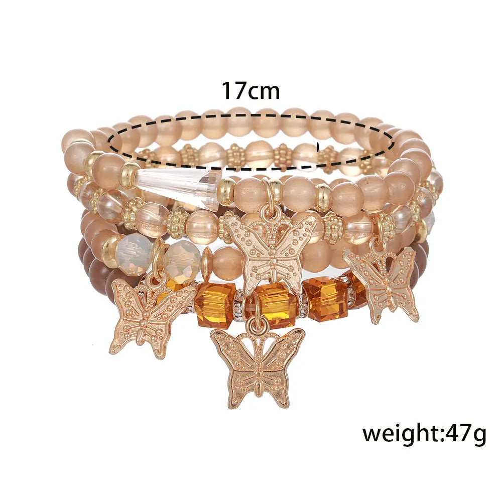 European and American cross-border new color crystal beaded butterfly pendant bracelet multi-layered elastic bracelet set for women AQP-STORE