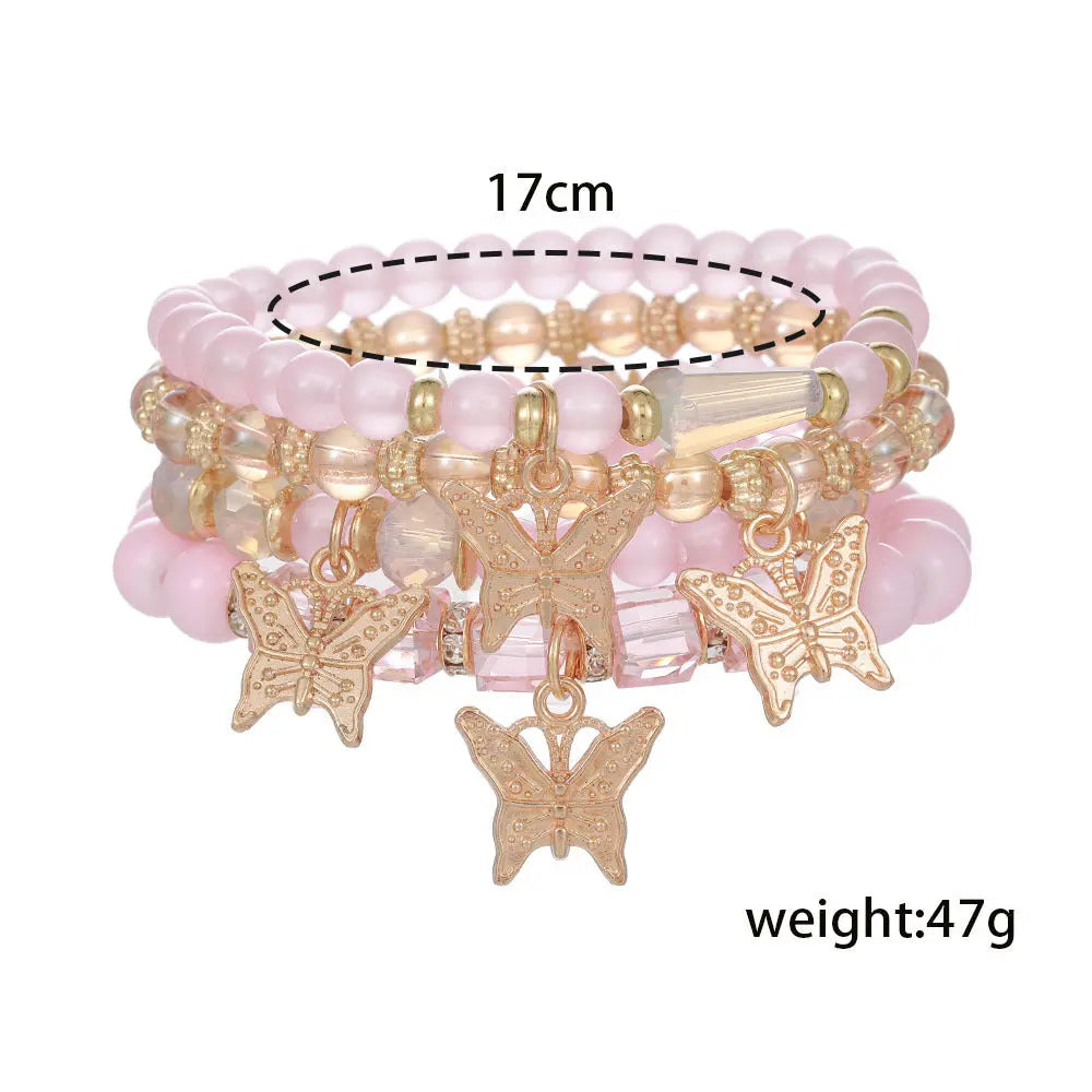 European and American cross-border new color crystal beaded butterfly pendant bracelet multi-layered elastic bracelet set for women AQP-STORE