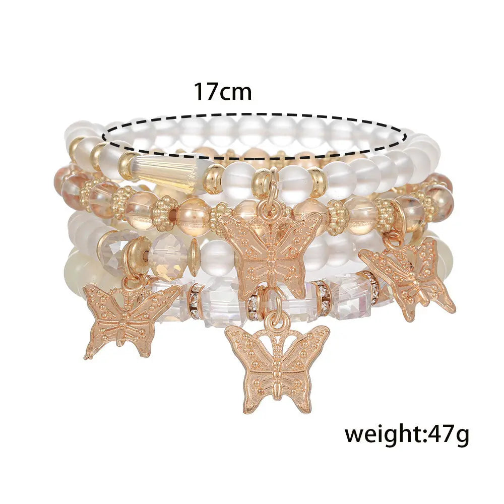 European and American cross-border new color crystal beaded butterfly pendant bracelet multi-layered elastic bracelet set for women AQP-STORE