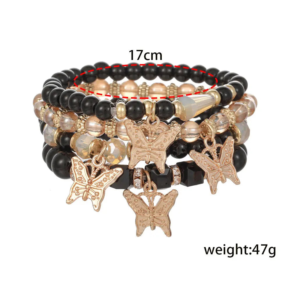 European and American cross-border new color crystal beaded butterfly pendant bracelet multi-layered elastic bracelet set for women AQP-STORE