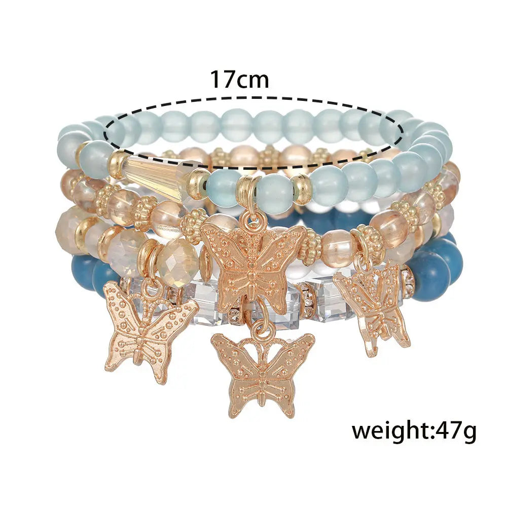 European and American cross-border new color crystal beaded butterfly pendant bracelet multi-layered elastic bracelet set for women AQP-STORE