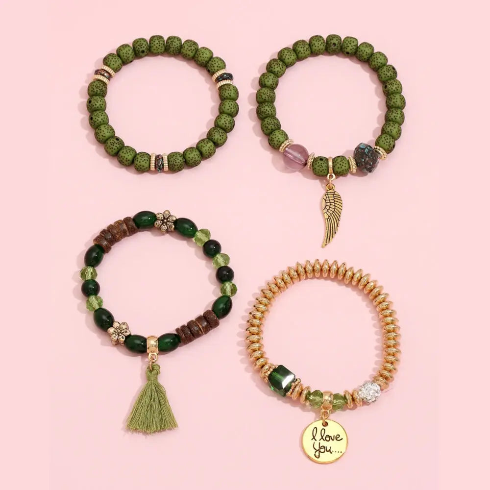 Cross-border European and American new crystal multi-layer contrasting turquoise bracelet leaf alloy tassel 4-piece set AQP-STORE