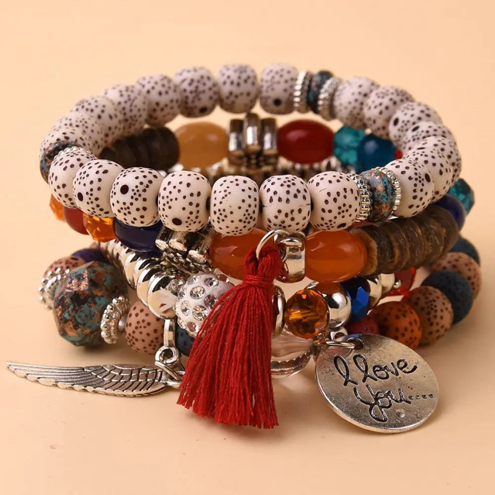 Cross-border European and American new crystal multi-layer contrasting turquoise bracelet leaf alloy tassel 4-piece set AQP-STORE