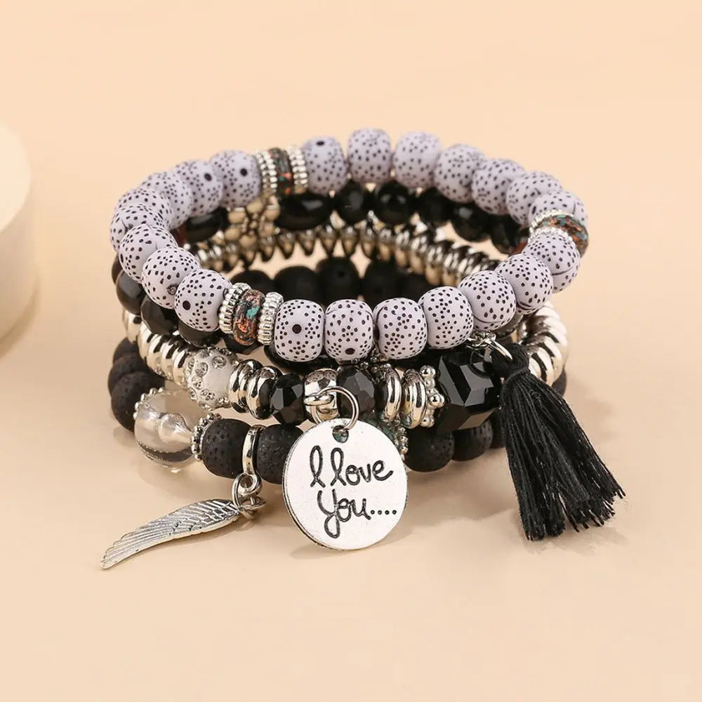 Cross-border European and American new crystal multi-layer contrasting turquoise bracelet leaf alloy tassel 4-piece set AQP-STORE