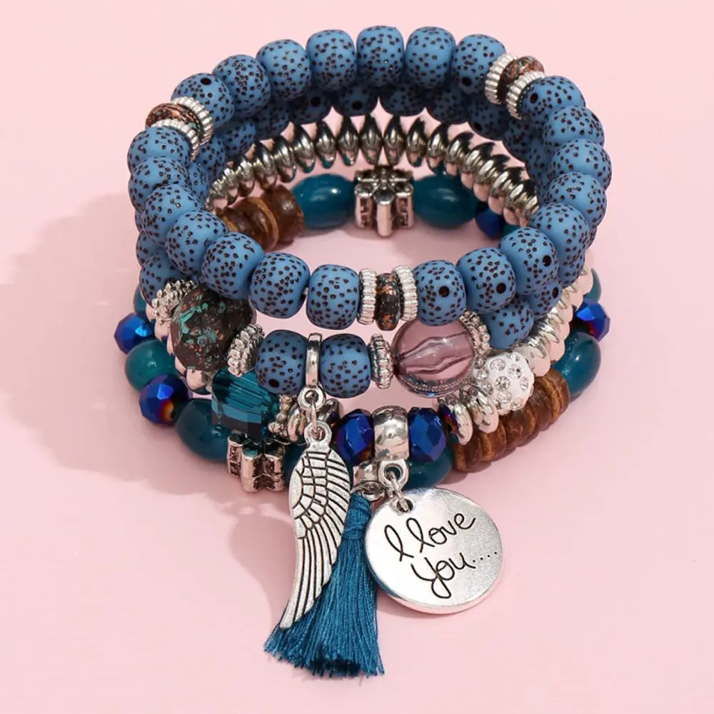 Cross-border European and American new crystal multi-layer contrasting turquoise bracelet leaf alloy tassel 4-piece set AQP-STORE