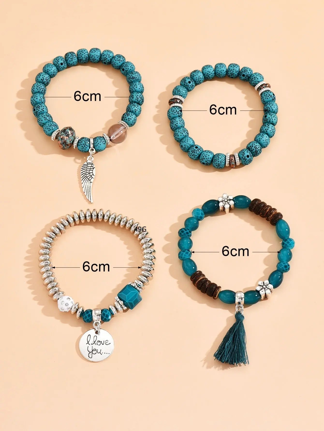 Cross-border European and American new crystal multi-layer contrasting turquoise bracelet leaf alloy tassel 4-piece set AQP-STORE