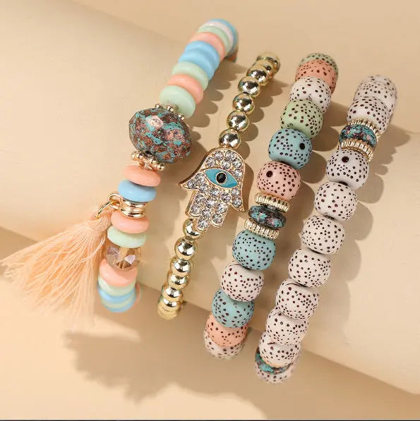 Cross-border European and American new crystal multi-layer contrasting turquoise bracelet leaf alloy tassel 4-piece set AQP-STORE