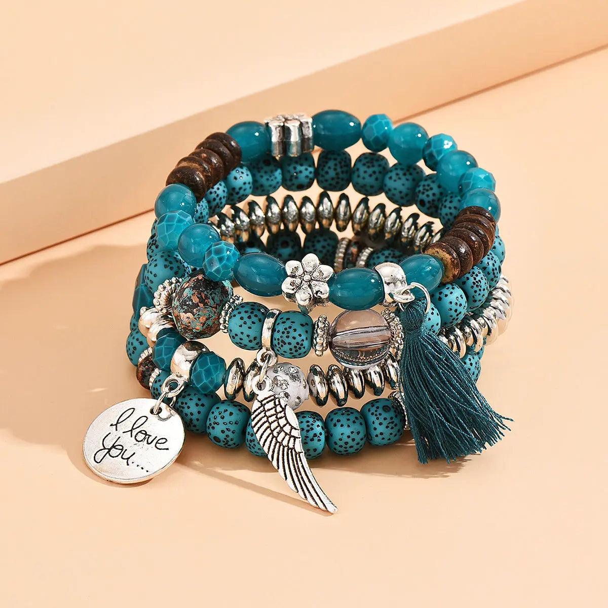 Cross-border European and American new crystal multi-layer contrasting turquoise bracelet leaf alloy tassel 4-piece set AQP-STORE