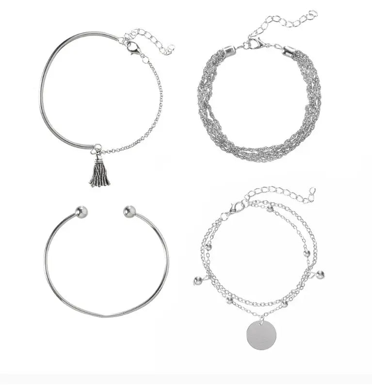 European and American simple silver glossy tassel bracelet, personalized multi-layer chain disc 4-piece bracelet set AQP-STORE