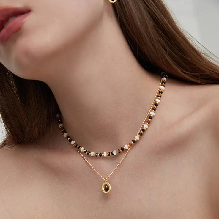 2023 new tiger eye stone series senior necklace Europe and the United States retro light luxury niche design gold collarbone chain AQP-STORE