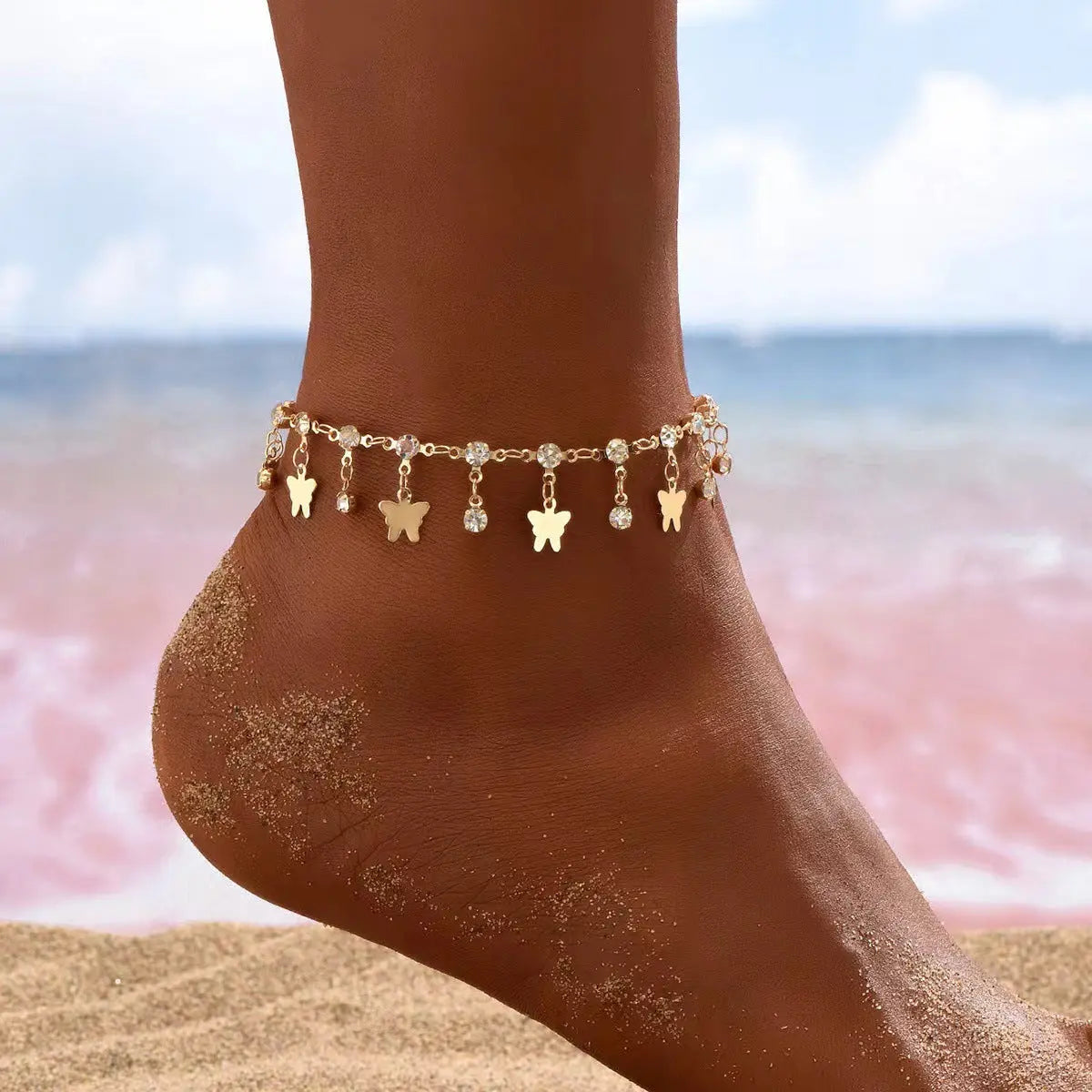 European and American jewelry ankle chains, retro ethnic Bohemian style beach ankle jewelry with diamond butterfly pendant, women's ankle chains AQP-STORE