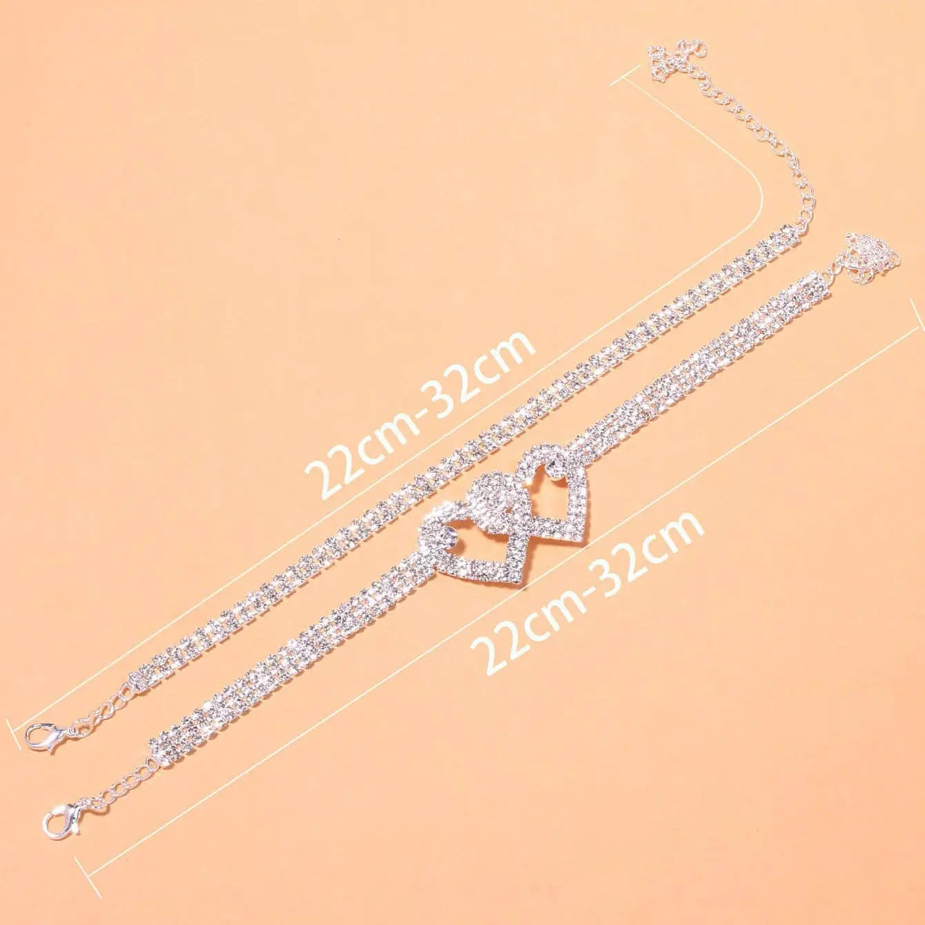 Qiao Jin Cross border Personalized Double Love Water Diamond Feet Chain, European and American Sexy Full Diamond Versatile Shining Beach Footwear Jewelry AQP-STORE
