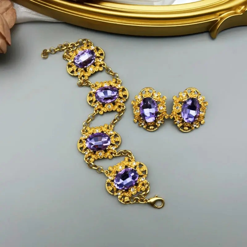 Medieval Vintage French Elegant and Mysterious Purple Glass Oval Jewelry Set Necklace Earrings Bracelet AQP-STORE
