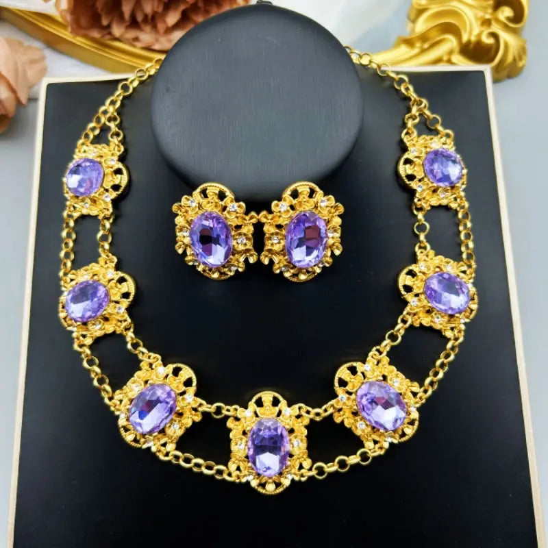 Medieval Vintage French Elegant and Mysterious Purple Glass Oval Jewelry Set Necklace Earrings Bracelet AQP-STORE