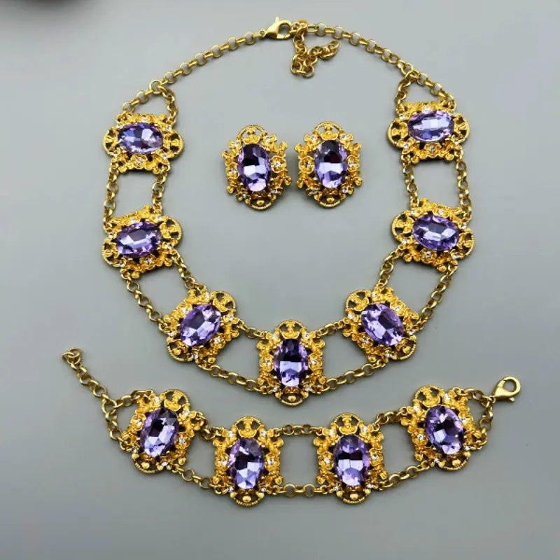 Medieval Vintage French Elegant and Mysterious Purple Glass Oval Jewelry Set Necklace Earrings Bracelet AQP-STORE