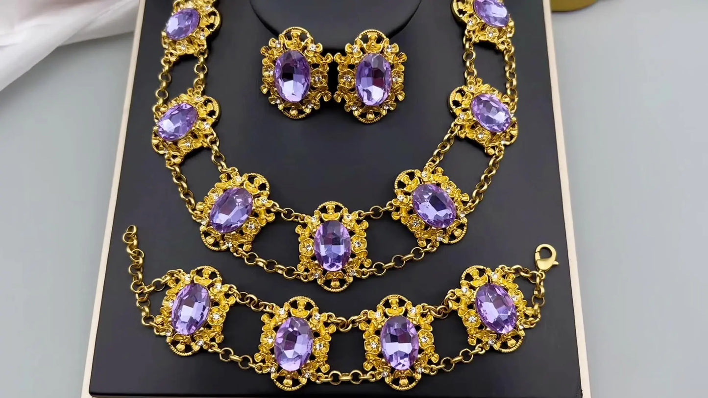 Medieval Vintage French Elegant and Mysterious Purple Glass Oval Jewelry Set Necklace Earrings Bracelet AQP-STORE