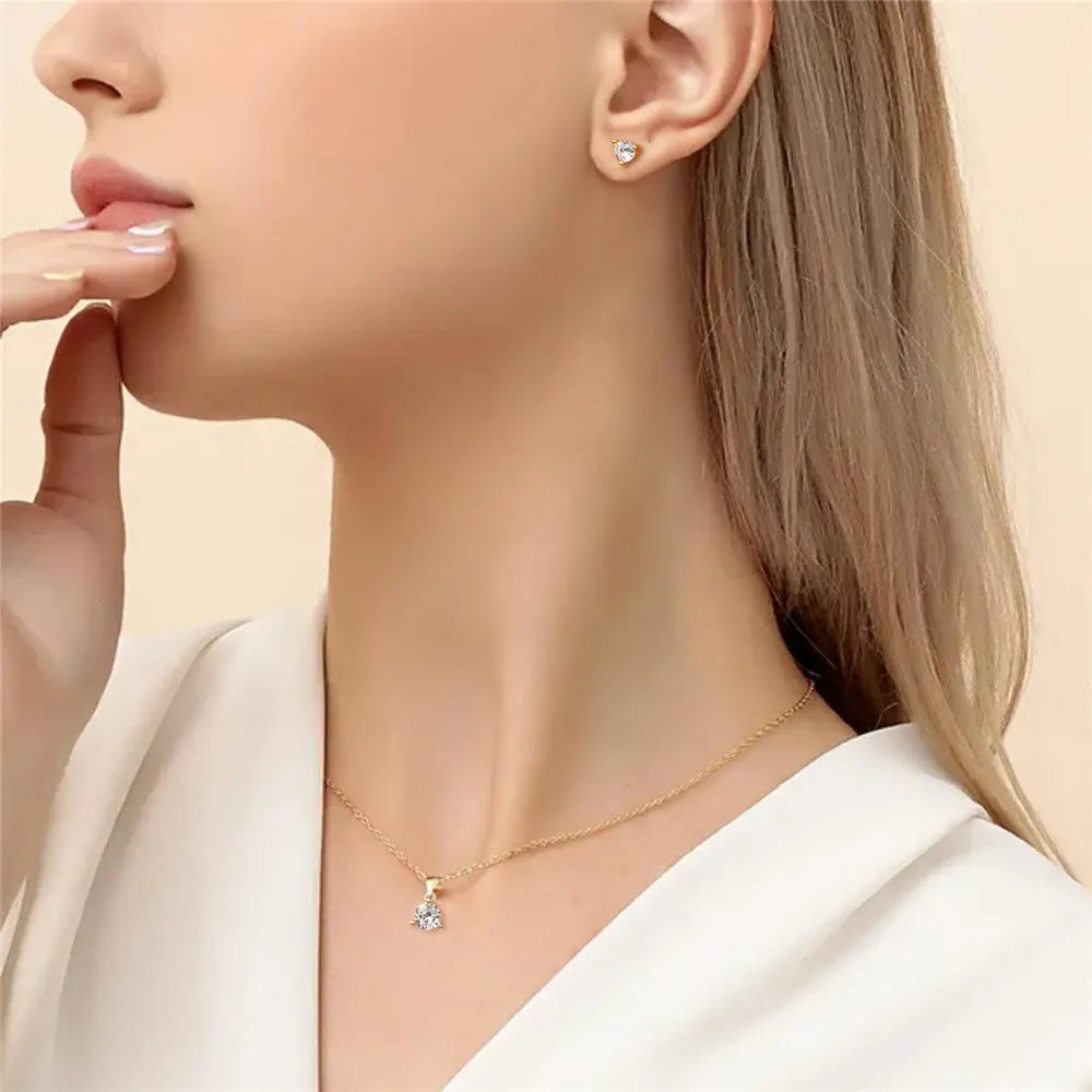 S925 sterling silver simple classic three claw inlaid zircon necklace+earring combination versatile earring necklace set AQP-STORE