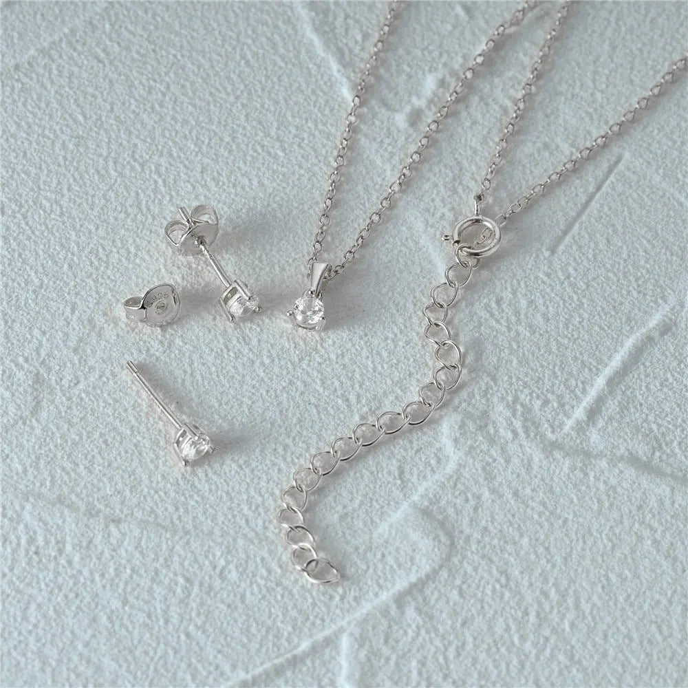 S925 sterling silver simple classic three claw inlaid zircon necklace+earring combination versatile earring necklace set AQP-STORE