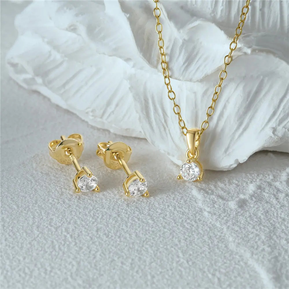 S925 sterling silver simple classic three claw inlaid zircon necklace+earring combination versatile earring necklace set AQP-STORE