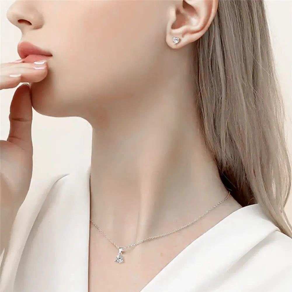 S925 sterling silver simple classic three claw inlaid zircon necklace+earring combination versatile earring necklace set AQP-STORE