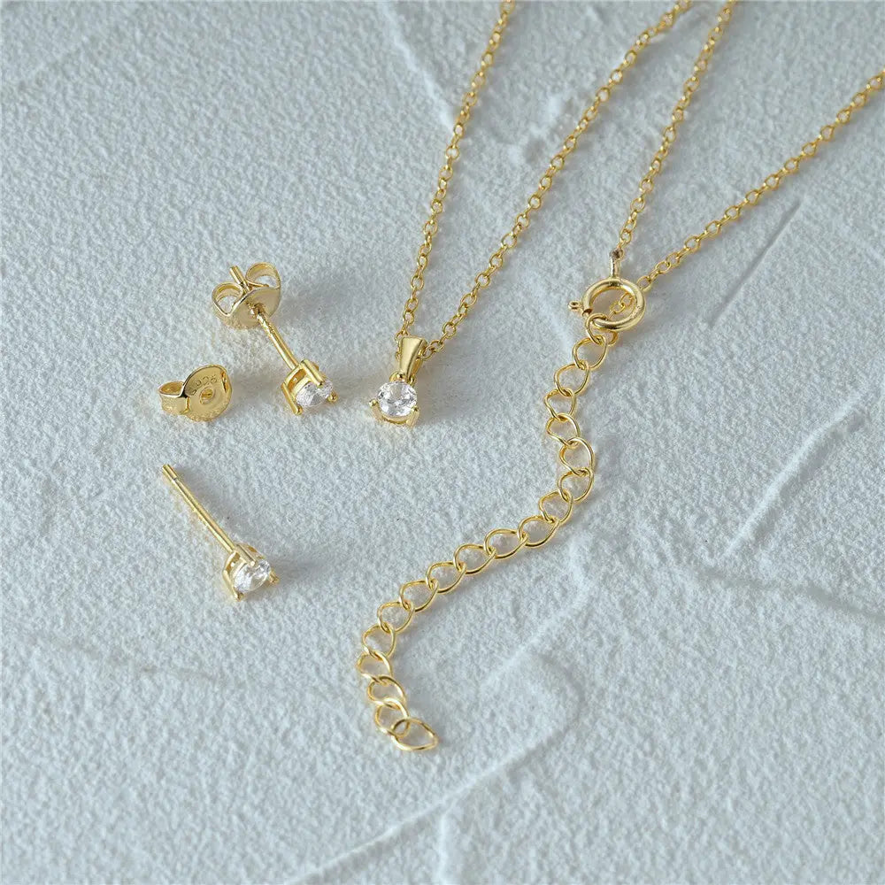 S925 sterling silver simple classic three claw inlaid zircon necklace+earring combination versatile earring necklace set AQP-STORE