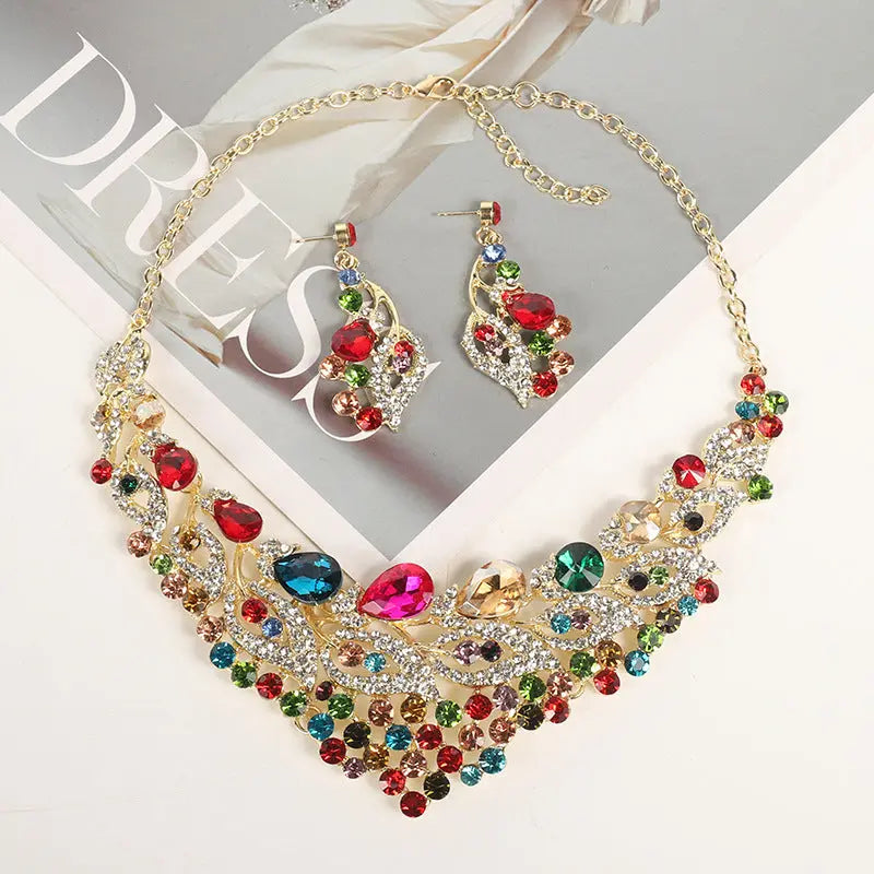 Luxury colored necklaces and earrings set in Europe and America, exaggerated bride jewelry manufacturer, in stock with diamond inlay AQP-STORE