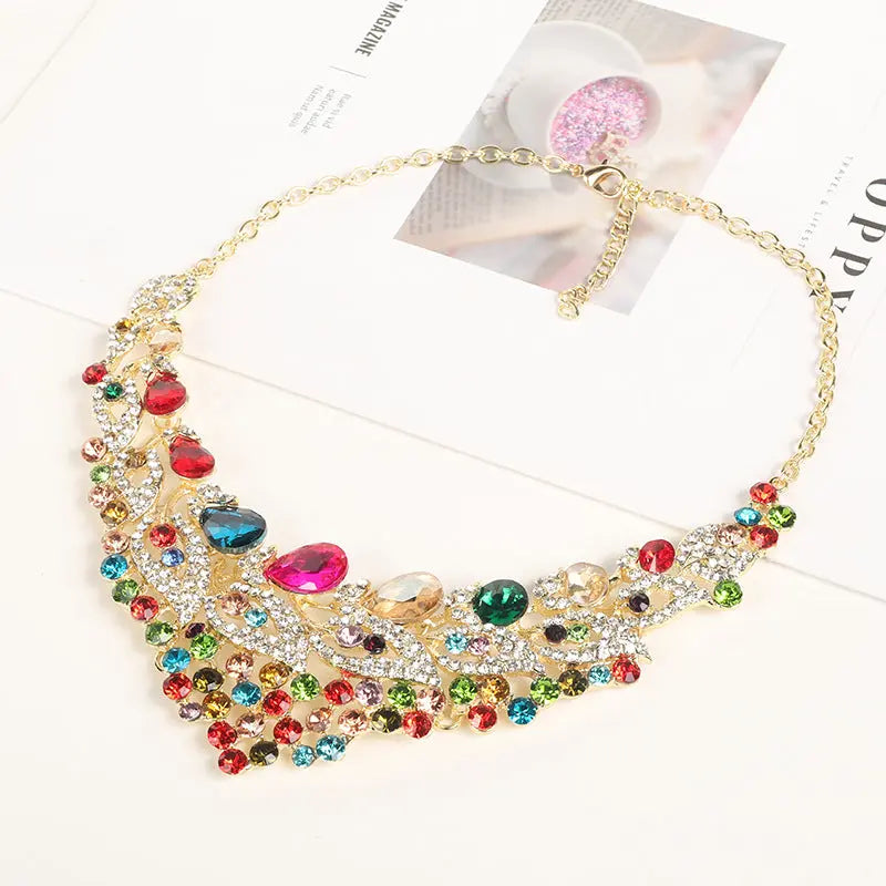 Luxury colored necklaces and earrings set in Europe and America, exaggerated bride jewelry manufacturer, in stock with diamond inlay AQP-STORE
