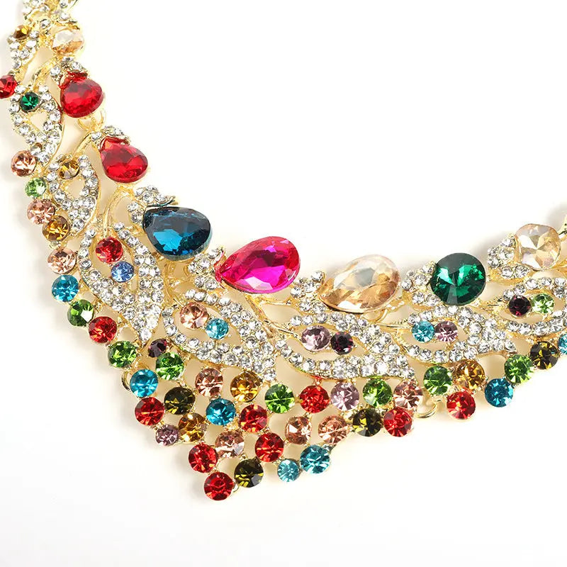Luxury colored necklaces and earrings set in Europe and America, exaggerated bride jewelry manufacturer, in stock with diamond inlay AQP-STORE