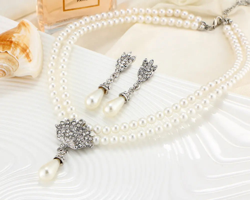 European and American cross-border jewelry bride pearl necklace 3-piece set with crystal inlaid diamond short collarbone neck necklace set AQP-STORE