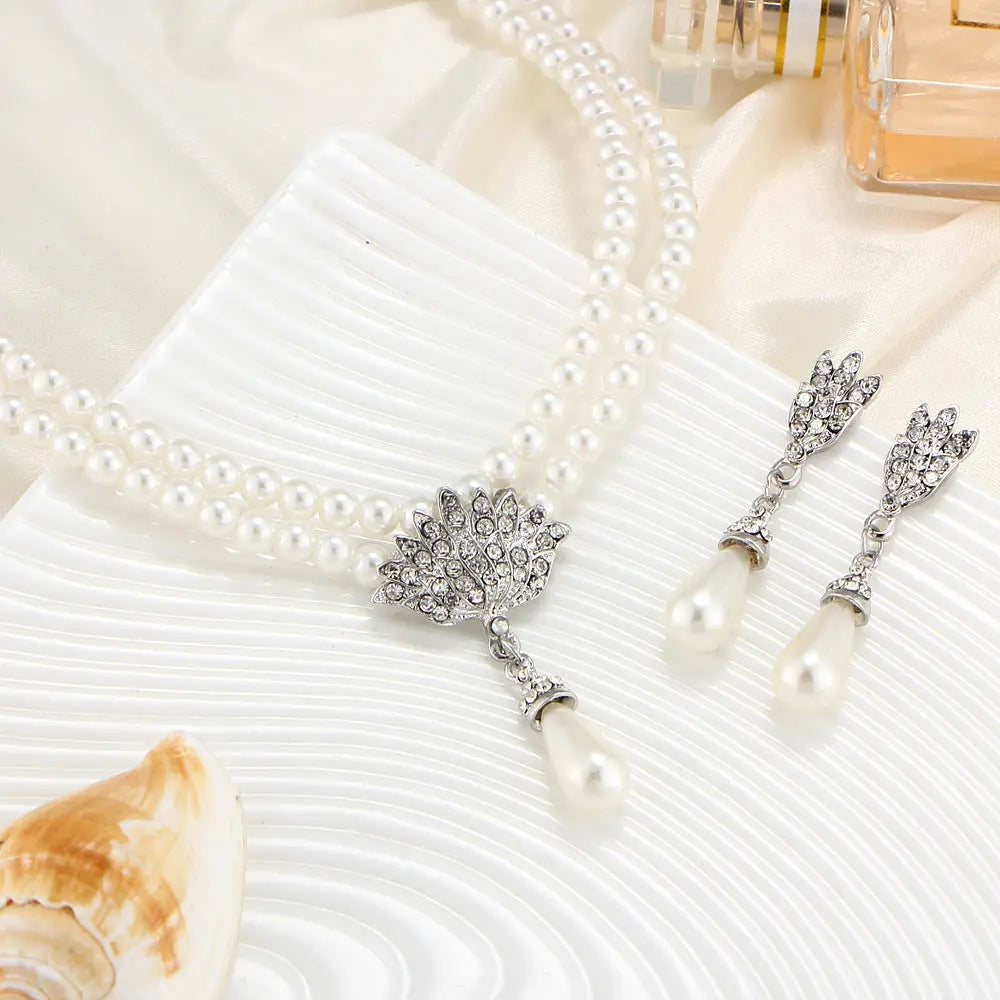 European and American cross-border jewelry bride pearl necklace 3-piece set with crystal inlaid diamond short collarbone neck necklace set AQP-STORE