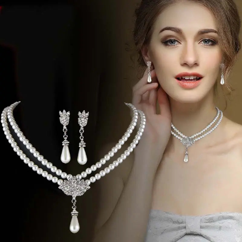 European and American cross-border jewelry bride pearl necklace 3-piece set with crystal inlaid diamond short collarbone neck necklace set AQP-STORE