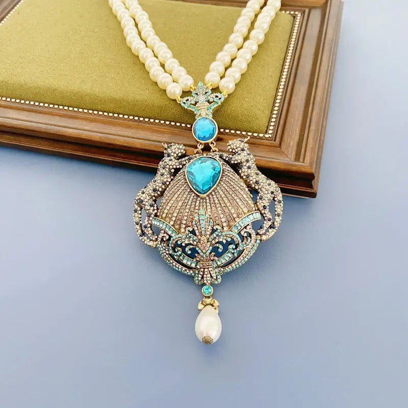 Middle Vintage Leopard Crown Necklace Ear Studs Palace Style Diamond Pearl High Grade Ear Stud Necklace Set AQP-STORE